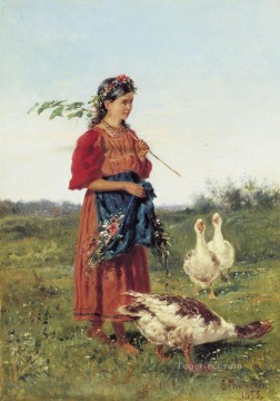  Makovsky Canvas - a girl with geese 1875 Vladimir Makovsky Russian